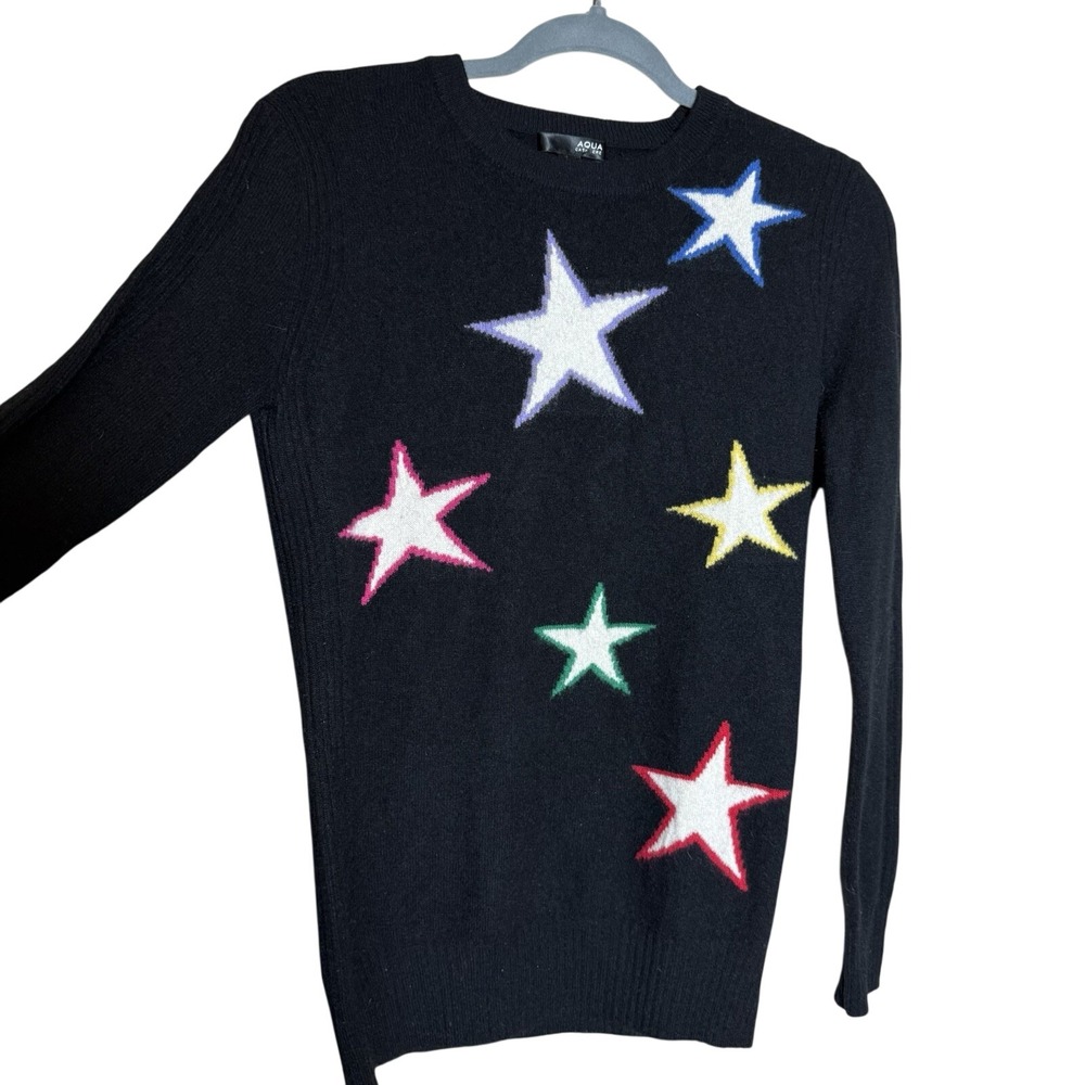 $248 Aqua Womens Black Star Graphic Crew-Neck Long-Sleeve Cashmere Sweatshirt XS